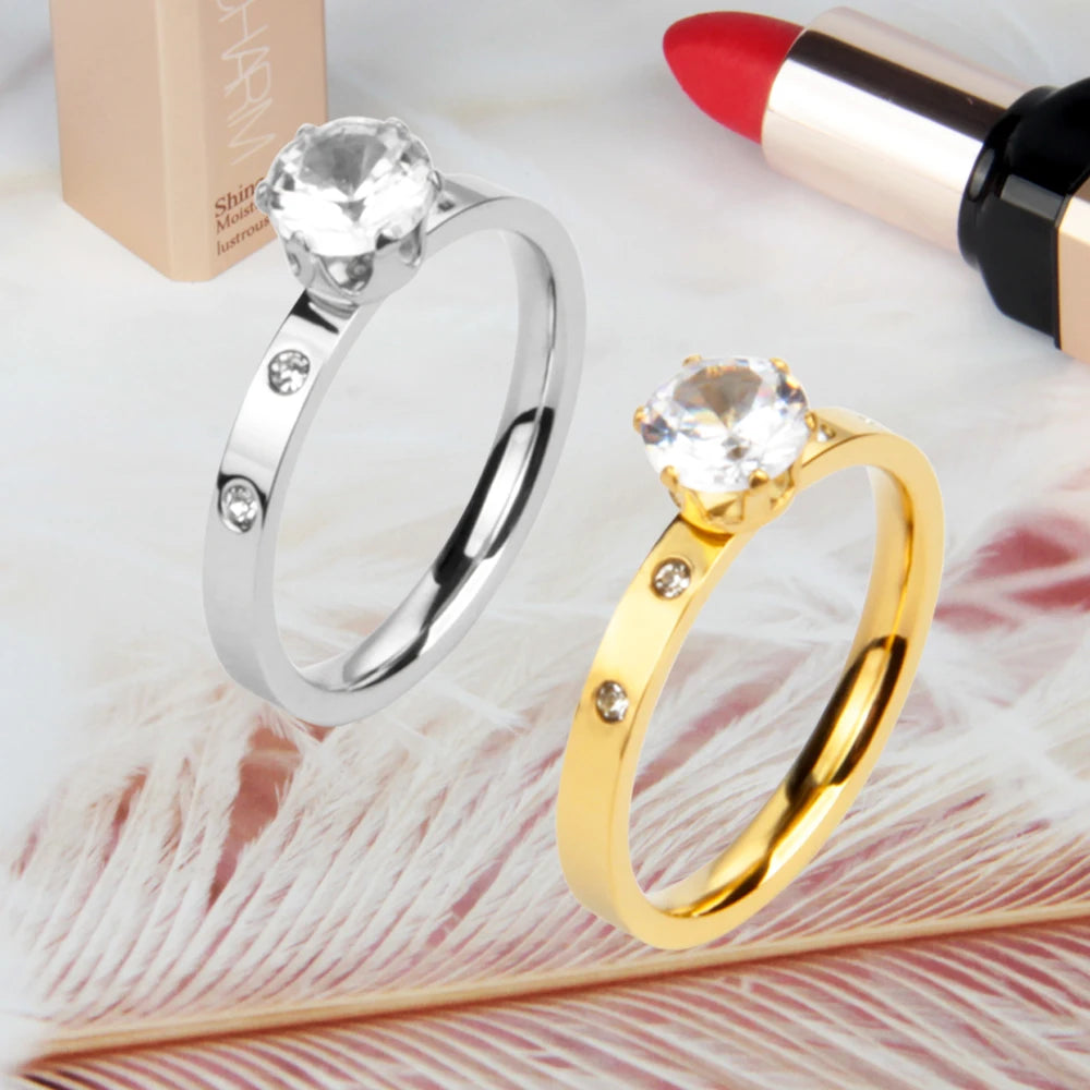 Fashion Women's Jewelry Gift Accessories Inlaid With a Large Diamond Plated 18K Gold Wedding Ring Stainless Steel Ring Women
