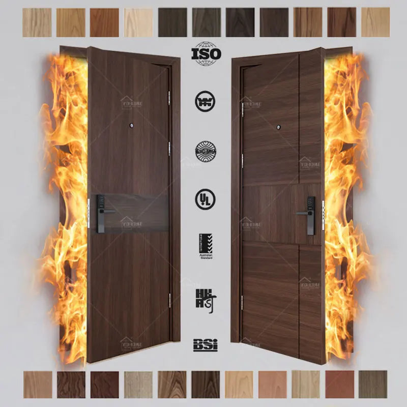 China Top Fire Door Manufacturer Yohome Wood Interior Doors Modern Hotel Security 90 Minutes Fire Rated Door with Frames
