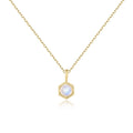 Abiding Gold Plated 925 Silver Solitaire Round 4mm Milky Blue Moonstone Art Deco Halo Milgrain Hexagon Pendant Necklace