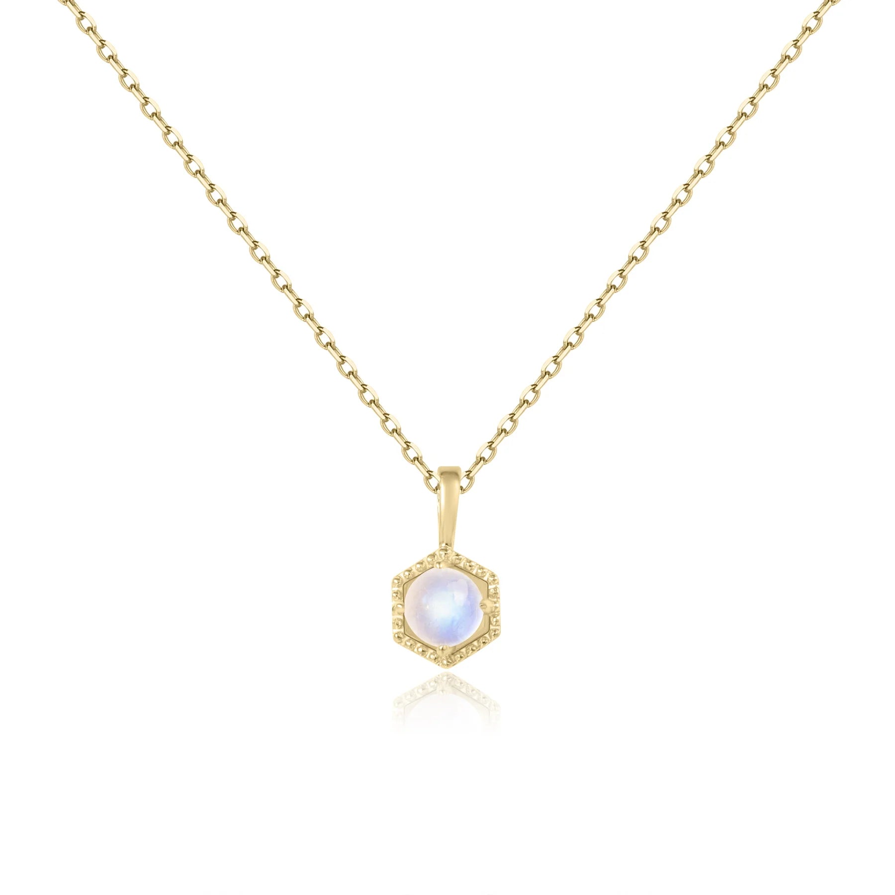 Abiding Gold Plated 925 Silver Solitaire Round 4mm Milky Blue Moonstone Art Deco Halo Milgrain Hexagon Pendant Necklace