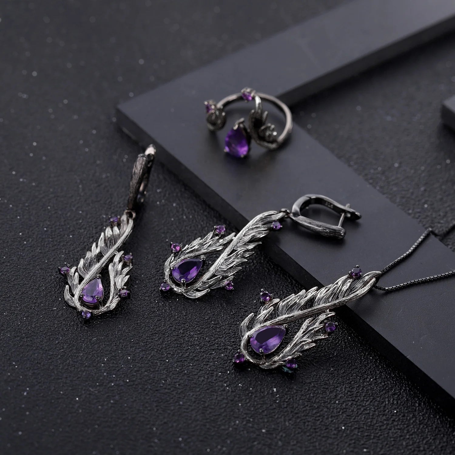 Abiding Natural Amethyst Gemstone Ring Earring Necklace New Design 925 Sterling Silver Fine Jewelry Set Women