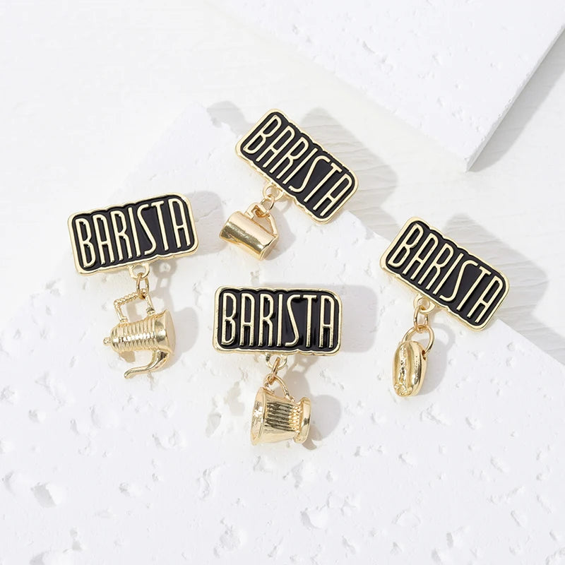 Barista Enamel Pins Custom Metal Brooches with Golden Pendant Coffee Mug Pot Bean Lapel Badges Custom Coffee Enamel Pins
