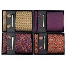 Orange Gold Tie Set for Men Custom Wedding Mens Ties and Cufflink Pocket Square Set Silk Ties With Logo