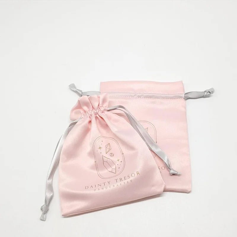 Custom Printed Small Silk Drawstring Bags Pink Satin Pouch for Hair Packaging