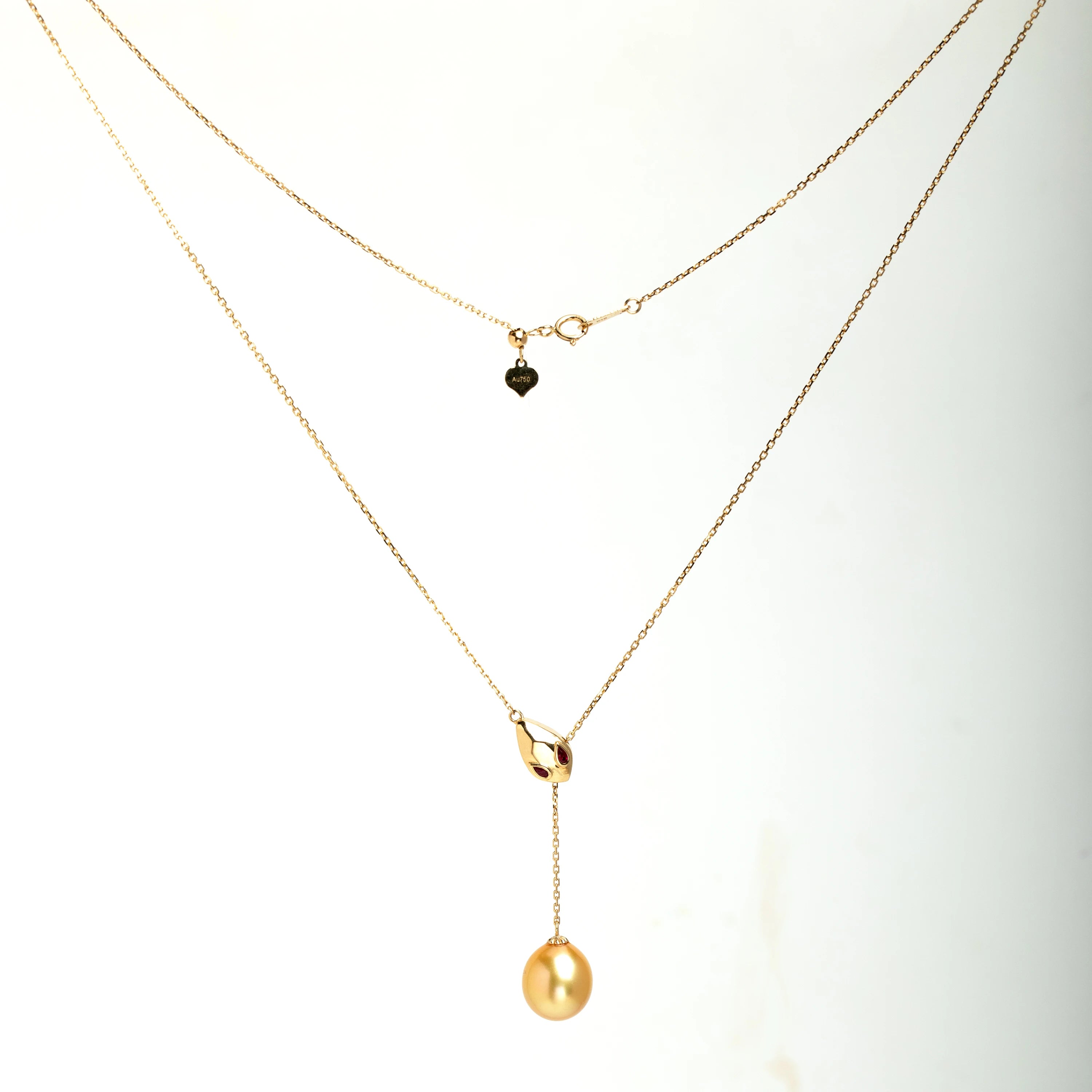 Elite Premium 18K Solid Gold Nature Ruby South Sea Pearl Necklace Snake Head Design Adjustable Chain Custom Personalized