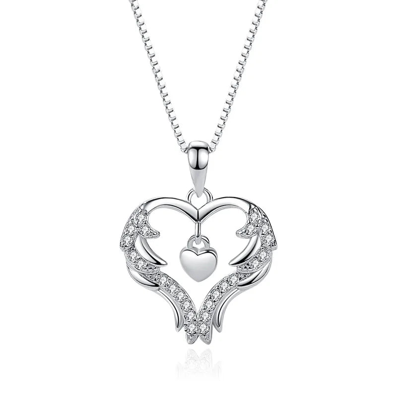 Angel Wings Stamped With Charm Chain Bulk 925 Sterling Silver Mini Heart Lock Zircon Necklace