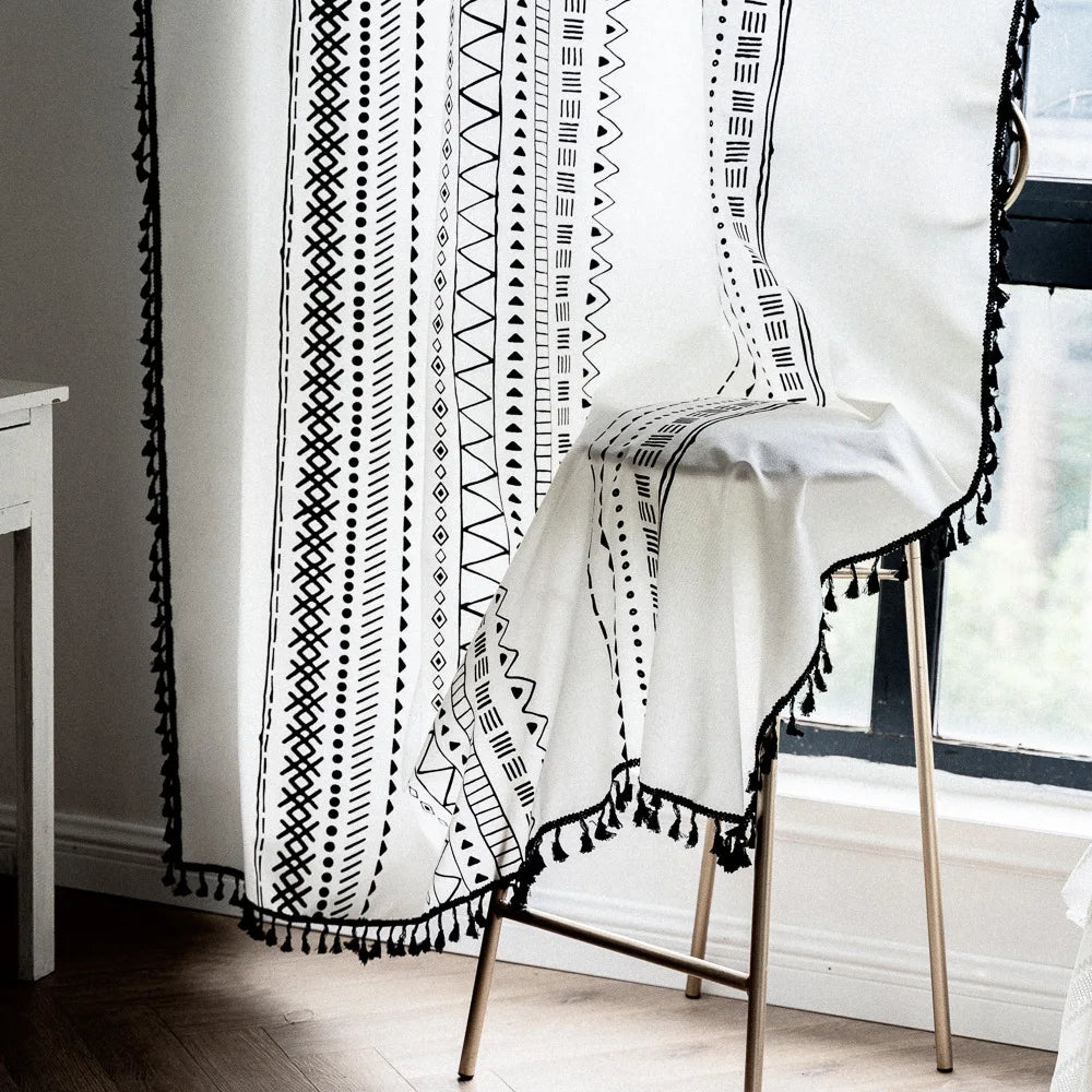 Boho Cotton Linen Window Curtain Panel with Tassels Geometric Print Country Style Room Darkening Curtain for Bedroom Living Room