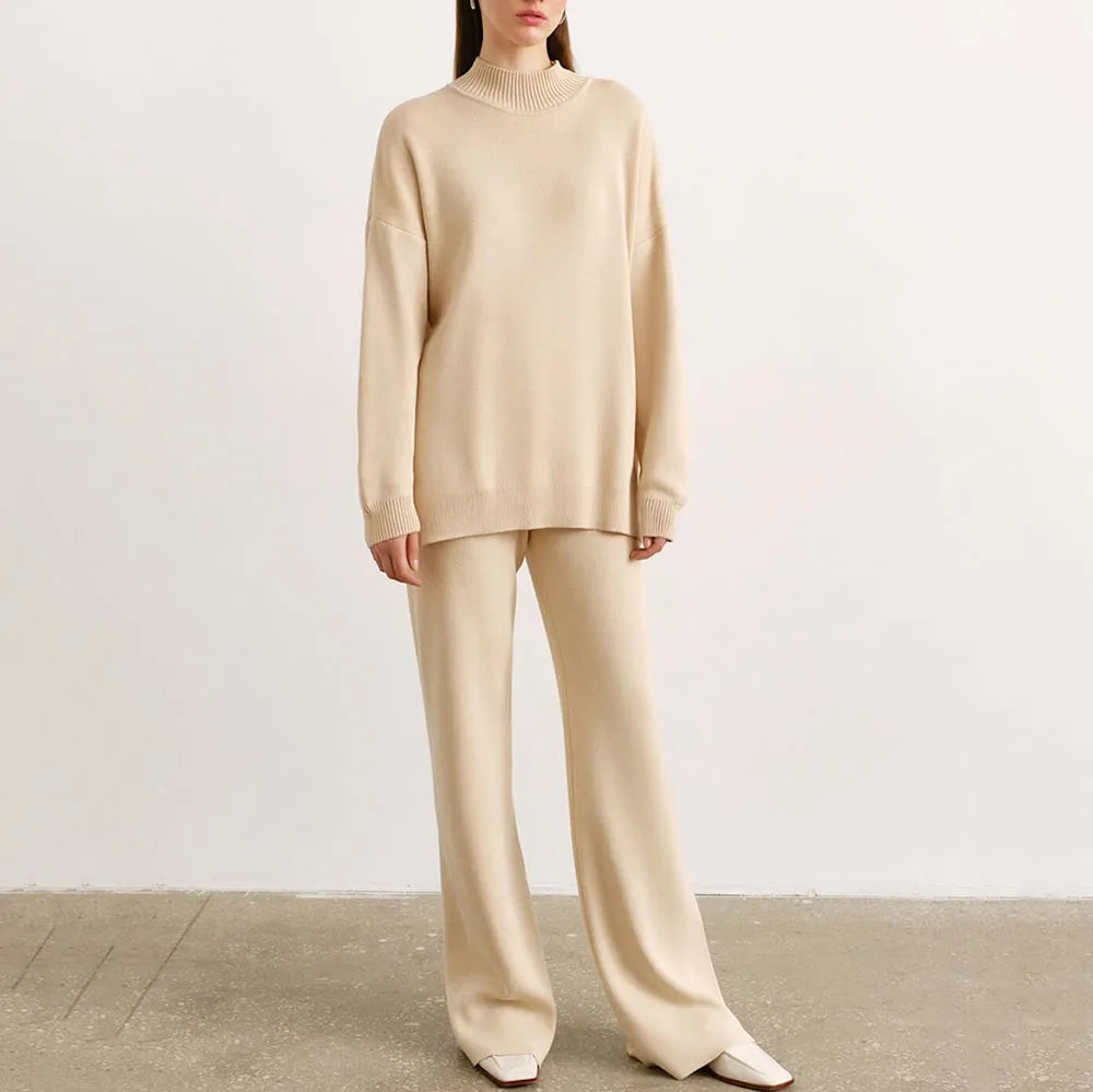 Enyami Long Sleeve Pullover Knit Two Piece Pants Women Crew Neck Winter Straight Trousers Thick Cream Jersey Sweaters Set