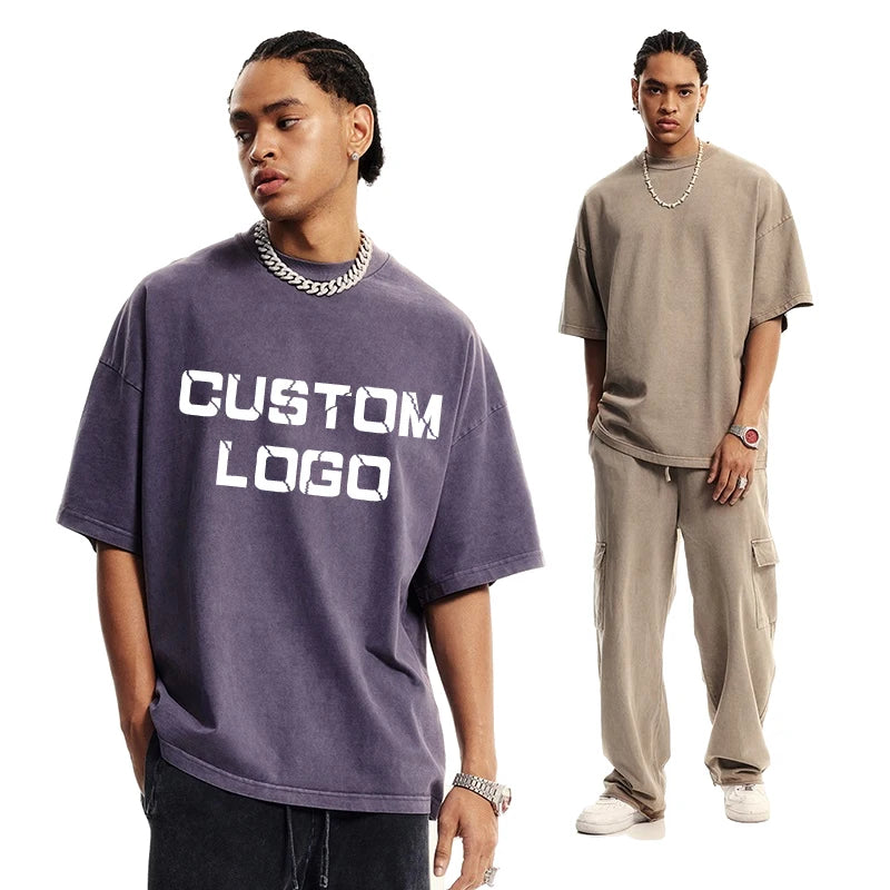 Custom logo Brand Print t Shirt Retro Purple Acid Washed 310 Gsm Heavyweight Big and Tall Loose Unisex Cotton Men's T Shirt