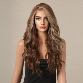 Japan Future Fiber Long Curly Lace Front Wigs for Black Women Chestnut Brown Blonde Highlight Lace Wig High Temperture Hair