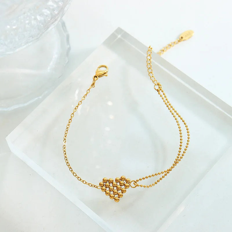 Fashion Pvd Gold Plated Stainless Steel Double Chain Steel Ball Peach Love Heart Pendant Bracelet Jewelry
