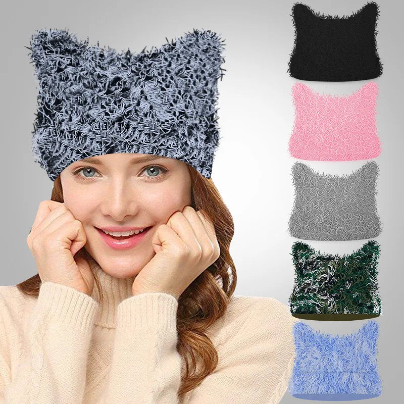 Winter Outdoor Distressed Y2K Ears Knitted Ripped Skullcap with Camouflage Pattern Windproof and Warm Cycling Beanie