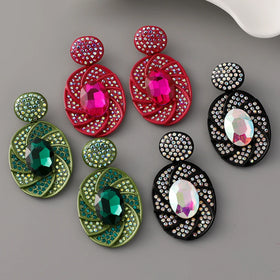 Vintage Gemstone Crystal Dangle Earrings Women Multi Colors Rhinestone Crystal Oval Shaped Earrings Exaggerated Jewelry