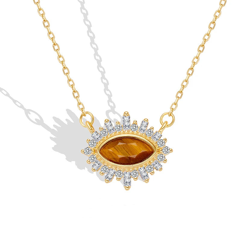 Daidan Luxury Necklace Women Marquise 925 Silver Jewelry Tiger Eye Gemstone Gold Plated Evil Eye Necklace