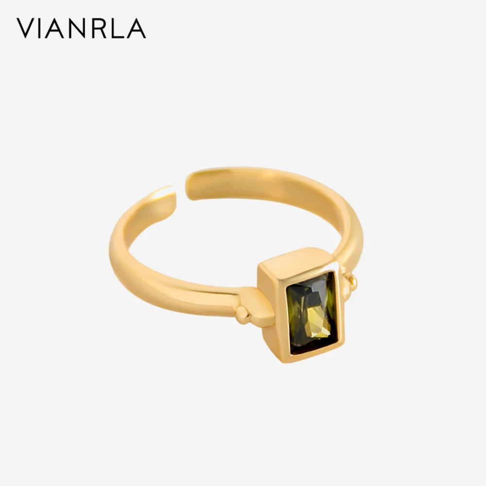 VIANRLA 925 Sterling Silver Jewelry Olive Green Zircon Ring Champagne Plated Ring Gift Jewelry 18K Gold Open Ring for Women