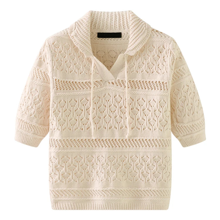 Custom Summer Style Women Turn-down Collar Casual Solid Color Hollow Designer T-Shirts Short Sleeve Pullover Knitted Sweater