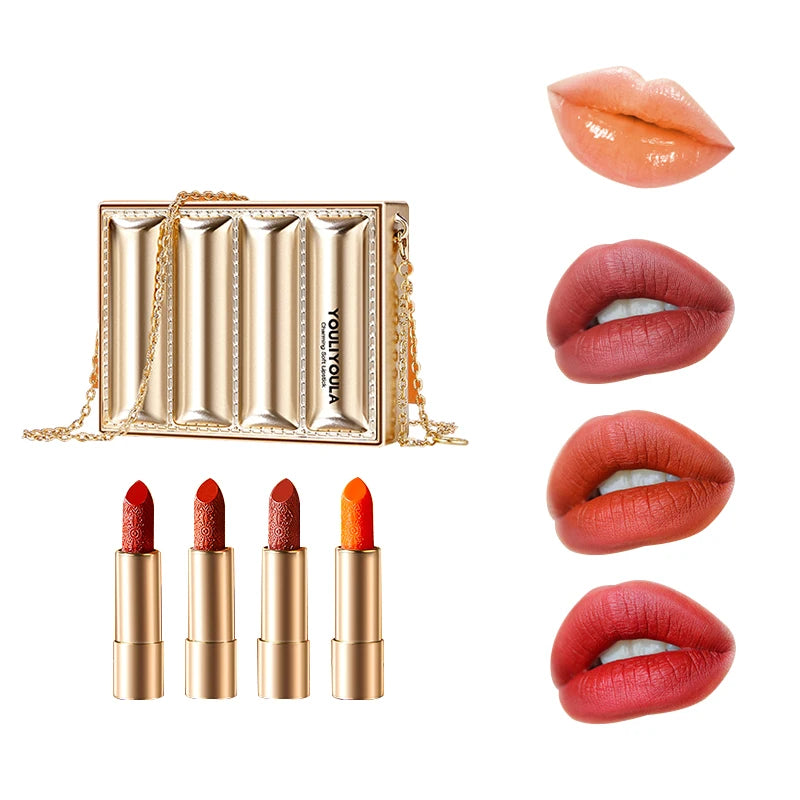 Customized Unique Adorable Quadruple Design Bag Lipstick Sets Fashion Self Owned Brand Lipstick Cosmetics