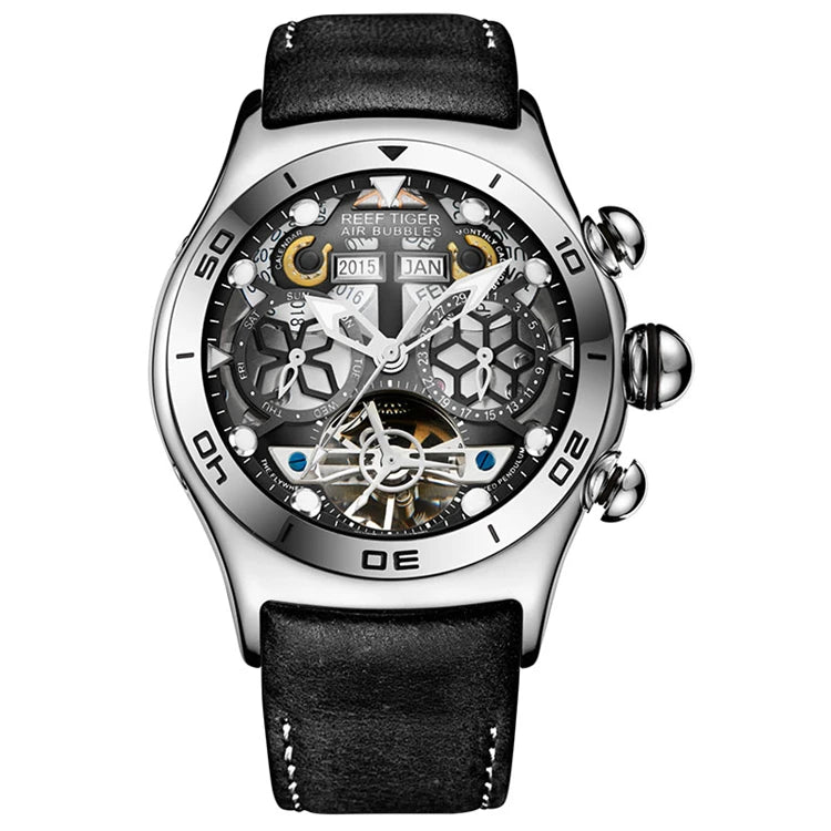 REEF TIGER RGA703 Mens Sport Watches Automatic Skeleton Watch Steel Waterproof Tourbillon Watch with Date Day Reloj Hombre