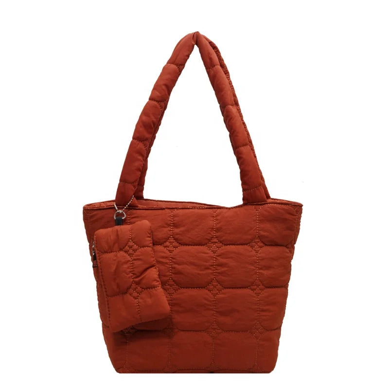Hot Sell Large Capacity Lightweight Tote Bag 2 Pcs Set Fashion Quilt Puffer Bag Large Tote Bag with Zipper Portable HandBag