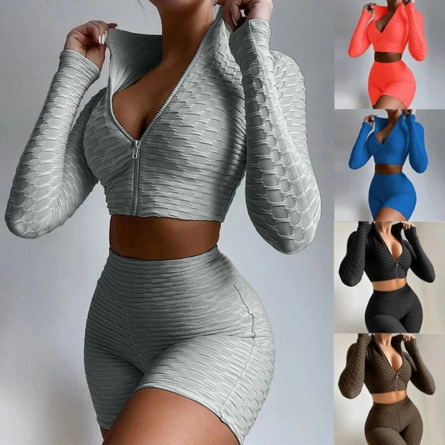 Women Fashion Long Sleeve Fitness Tops Solid Color Zipper Stand Collar Sportswear Crop Top