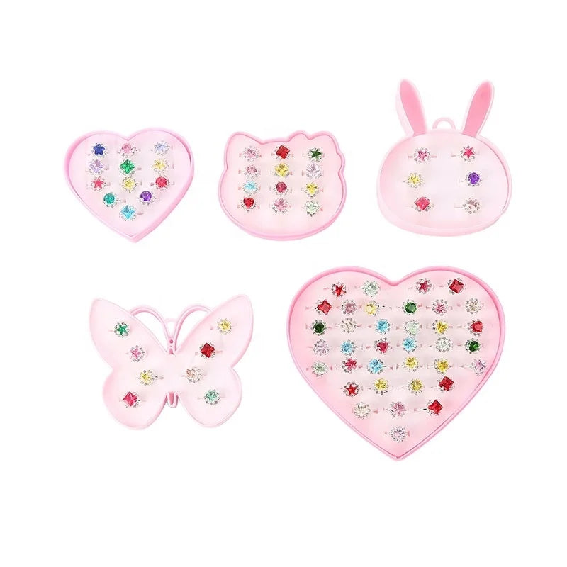 New Korean Children's Crown Jewel Ring Adjustable Girl Heart Princess Alloy Gift Ring Set