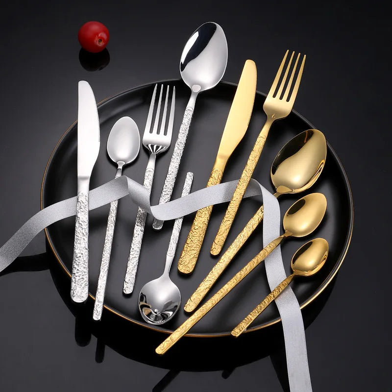 Creative Embossed Hammer Pattern Stainless Steel Cutlery Set Luxury Steak Knife Fork Spoon Hotel Cutlery Set