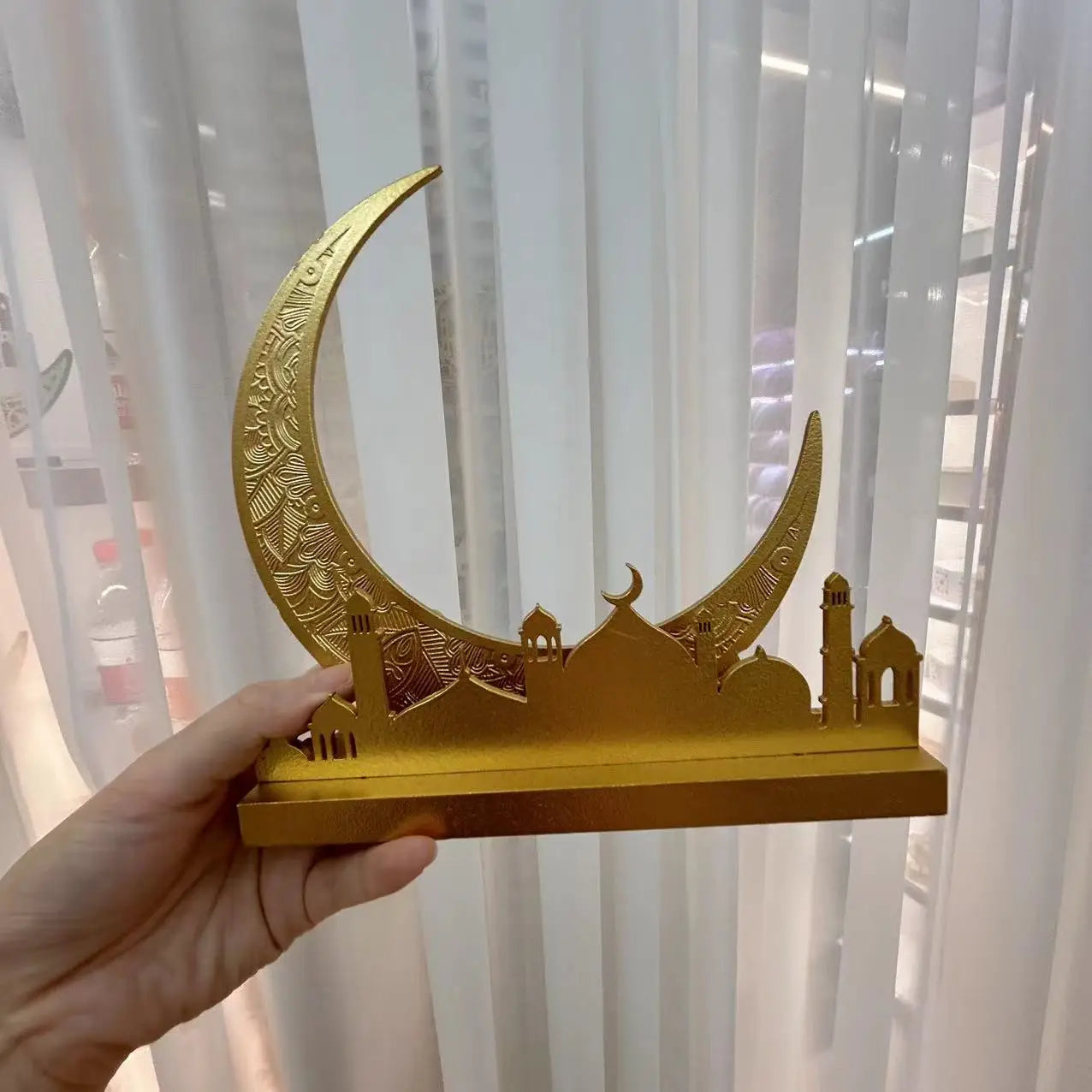 Muslim Ornament Wooden Gold Mosque Moon Table Decoration for Islamic Decoration