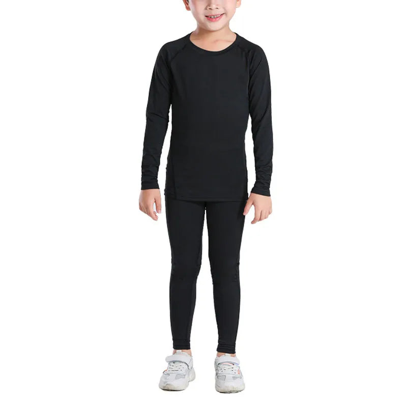 2pcs Cool Dry Compression Kid's Skinny Sweatsuit Set Elastic Waist Long Top and Bottoms Baselayer for Children
