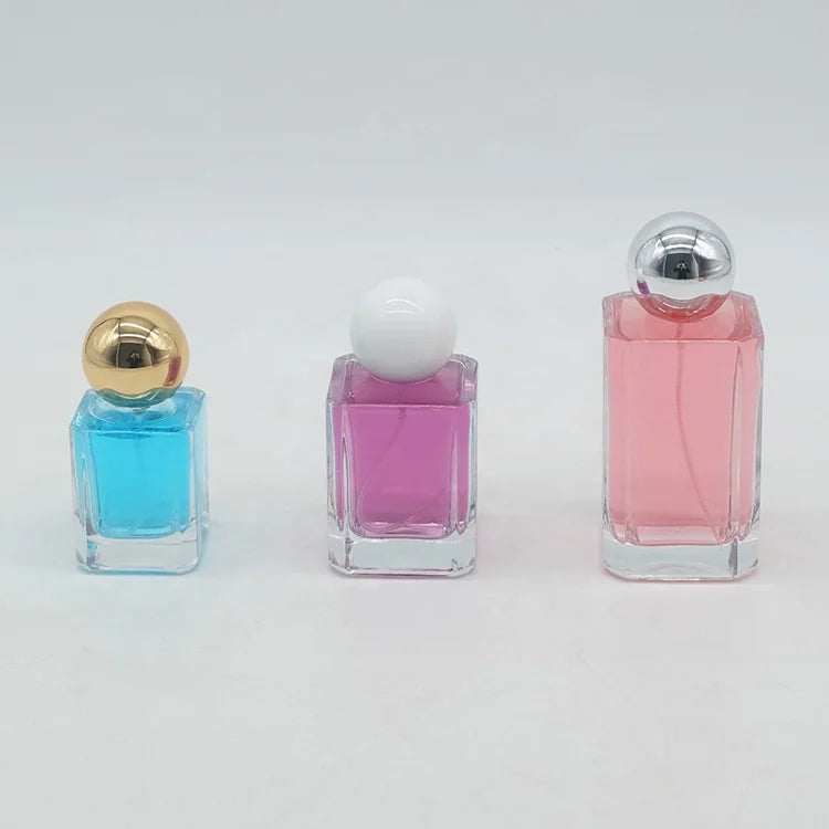 Exquisite Cosmetic Square Tall Glass Bottle Refillable Perfume Spray Bottle with Multi-color Round Ball Cover