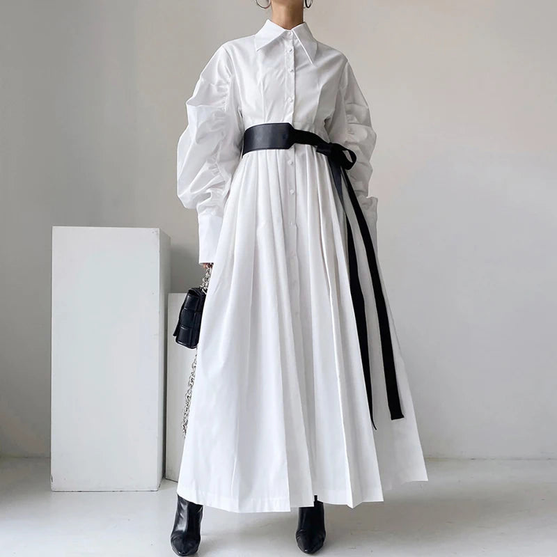 Wholesale 2026 Spring Niche Lapel Single Breasted Waist Slimming Lantern Sleeve Shirt With Belt for Women's Dress