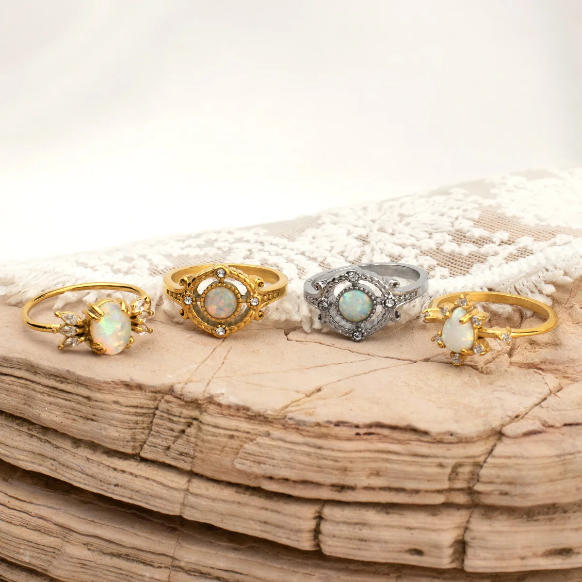 2025 New Arrival Silver Ring Waterproof 316 Stainless Steel Gold Plated Tarnish Free Natural Stone Teardrop Opal Ring for Summer