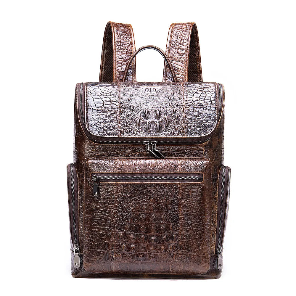 Genuine Leather Fashion Crocodile Pattern Large Capacity Cowhide Knapsack Laptop Backpack Bag for Men