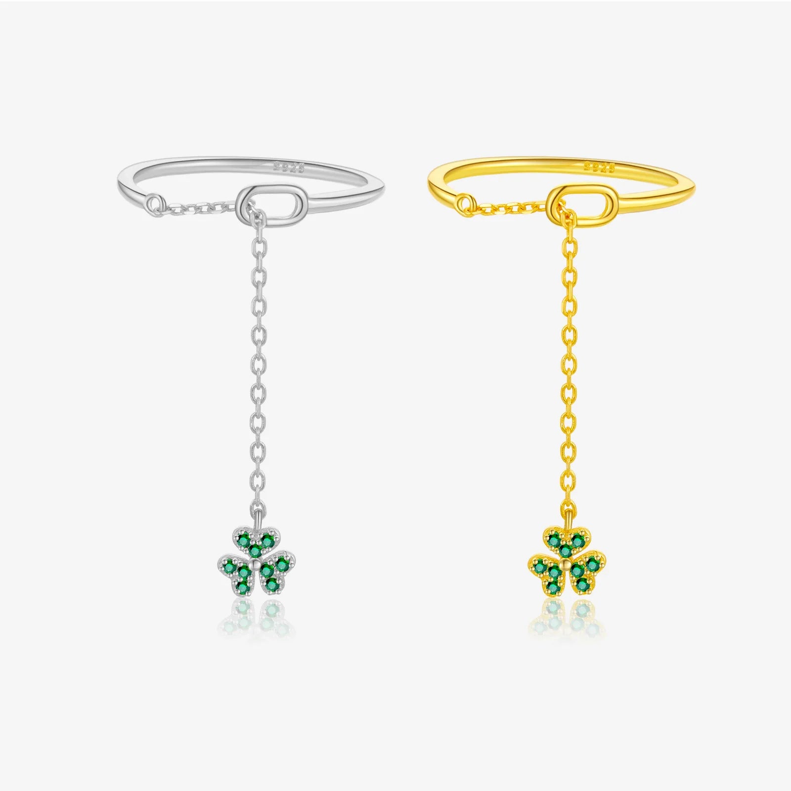 Merryshine S925 Sterling Silver Adjustable Asymmetrical Ring Classy Stacked Gold Plated Green CZ Clover Leaf Zircon Anniversary