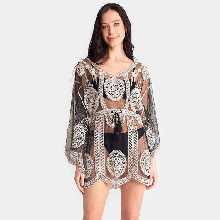 Mesh Embroidered Lace Cover up Bikini Sunscreen Shirt Beach Cover up
