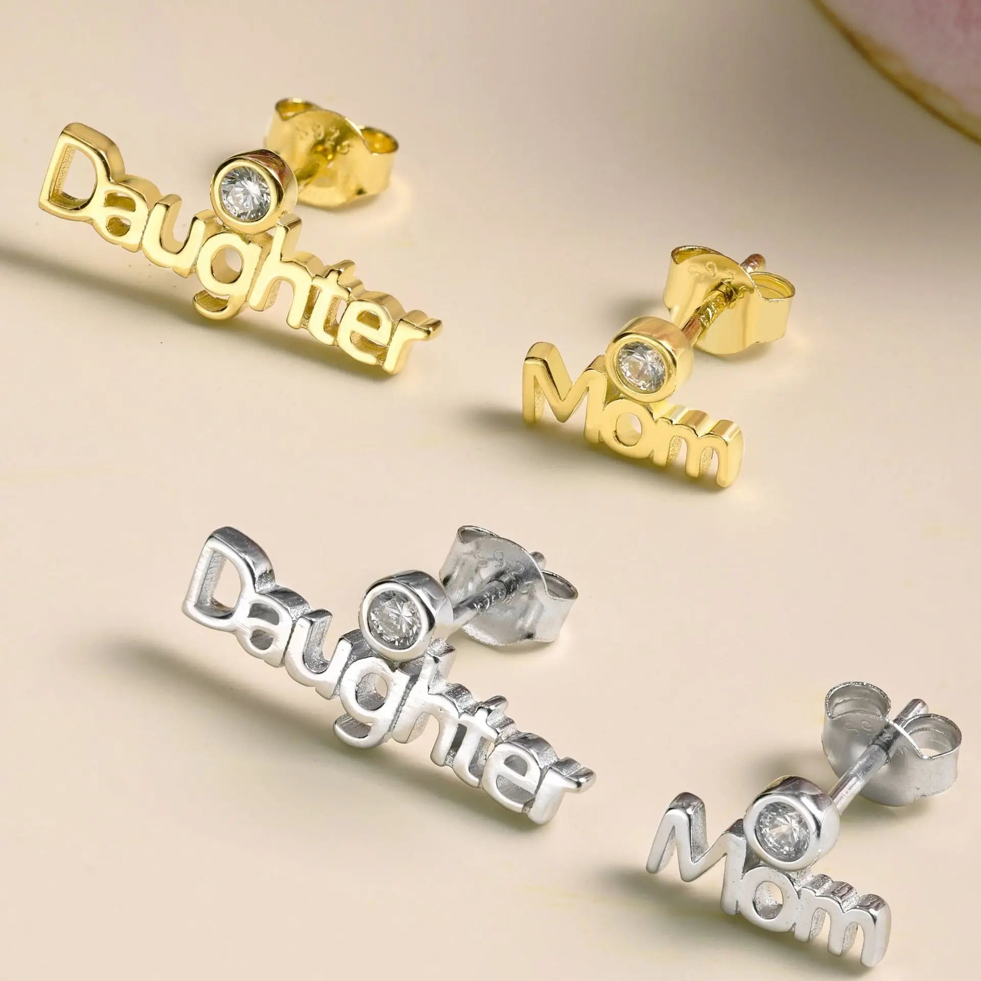 Mother and Daughter Simple English 925 Sterling Silver Stud Earrings for Women