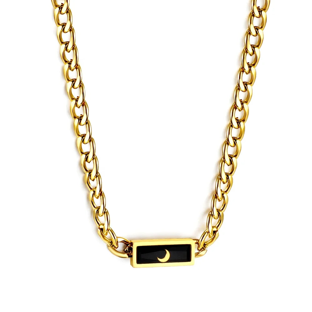 Stainless Steel Rectangular Black Zircon Moon Pendant Necklace Jewelry Making 18K Gold Plated Chain Charm Necklace for Women Men