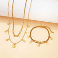 Fashion Anti Tarnish 18K Gold Plated Stainless Steel Geometric Cross Flower Charm Layered Bracelet Necklace Women's Jewelry Sets
