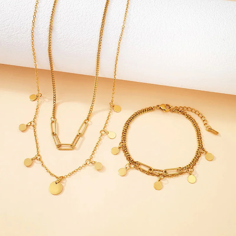 Fashion Anti Tarnish 18K Gold Plated Stainless Steel Geometric Cross Flower Charm Layered Bracelet Necklace Women's Jewelry Sets