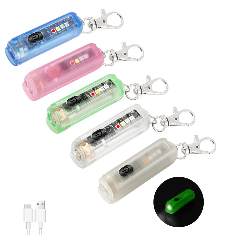 Portable COB LED Rechargeable Flashlight EDC Keychain Torch Red Blue Light Warning IP44 Waterproof Type-C Charging ABS 400LM New