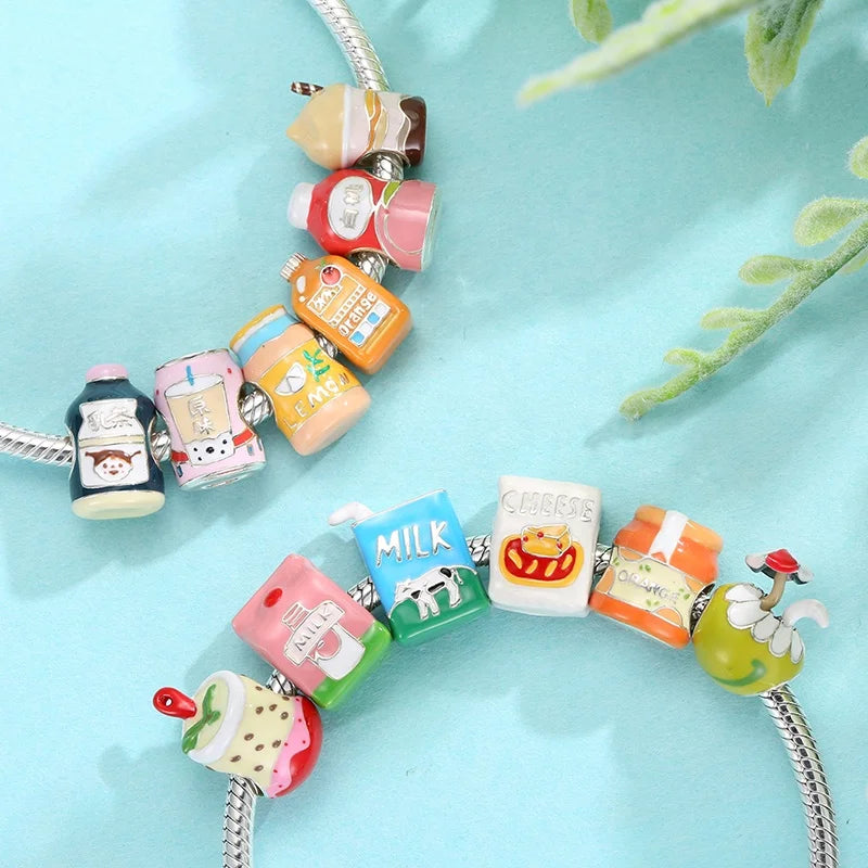 Real 925 Sterling Silver Cute Colorful Enamel Beverage Milk Juice Handmade Charms DIY Beads for Bracelet Making Fine Jewelry