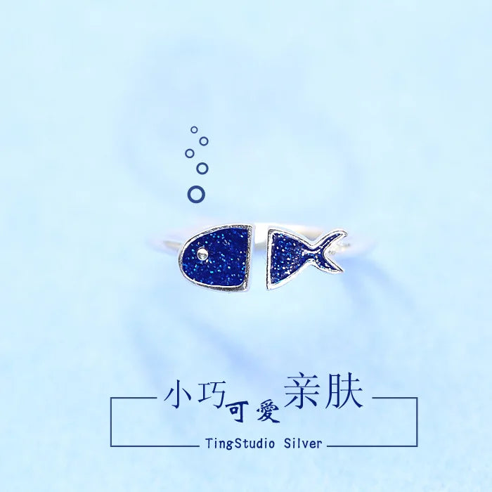 925 Pure Silver Opening Ring Fish Blue Drop Oil Ring Korean Pure Silver Jewelry Wholesale 2022 New Trend