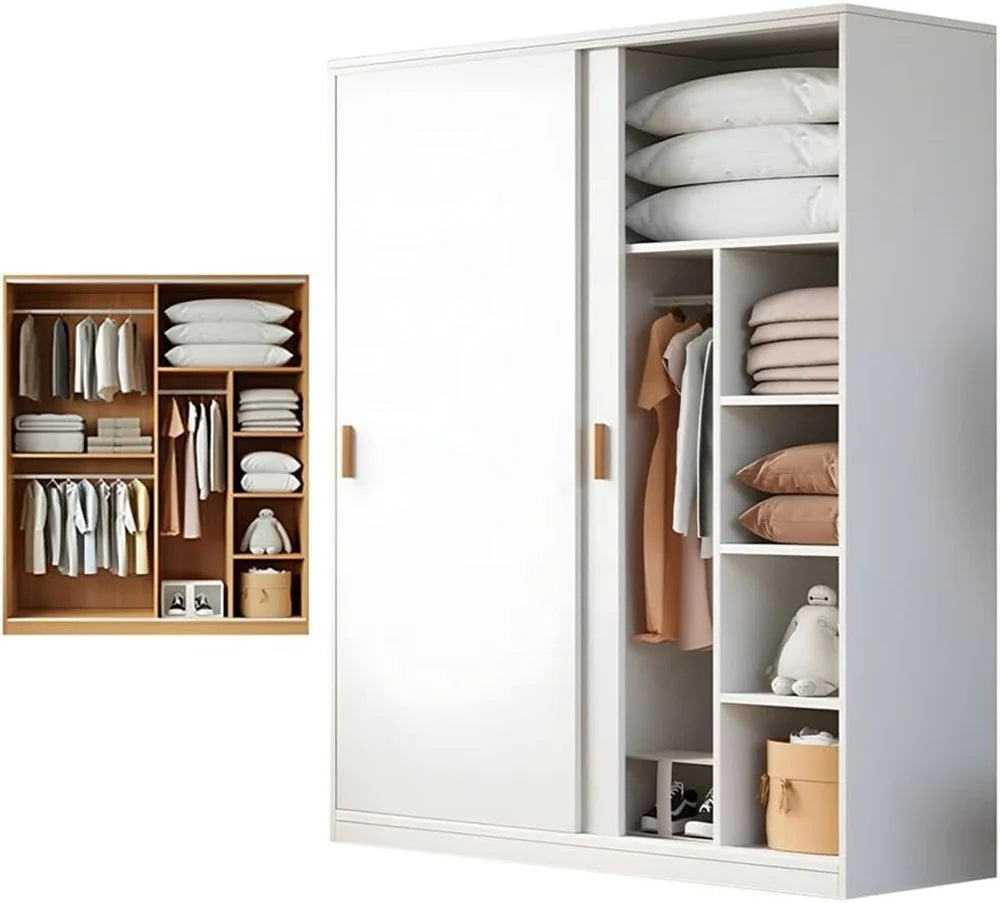 Multi-Functional Wood Bedroom Wardrobe Modern Armoire Closet with Adjustable Sliding Doors Freestanding Storage Cabinet