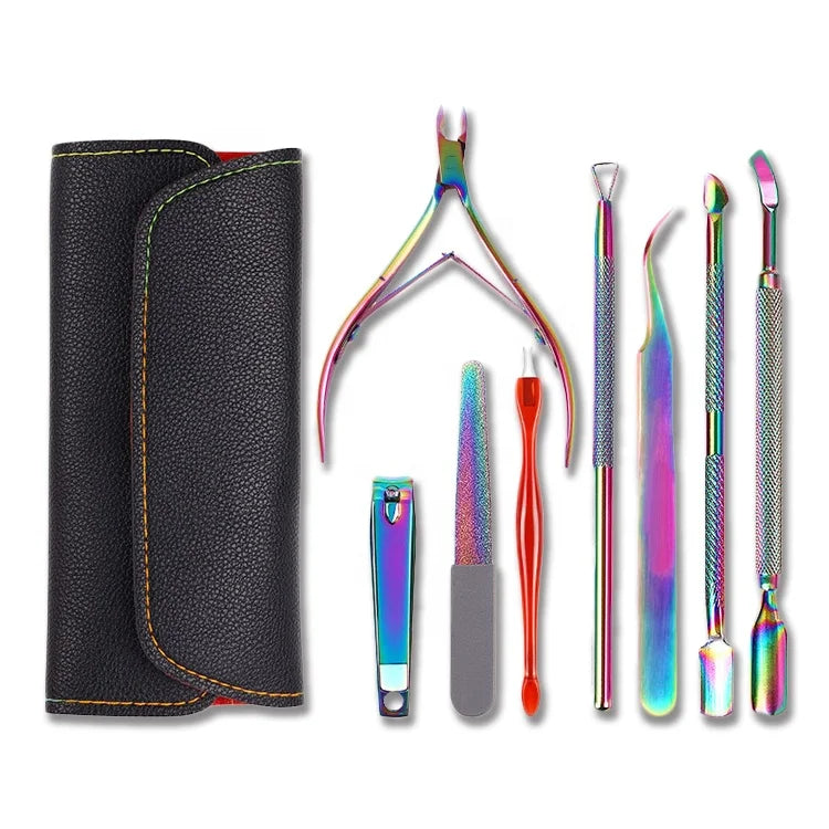 Felice Rainbow/Silver Stainless Steel Durable Manicure Pedicure Cuticle Pusher Fork Nail Care Set 4/8pcs Iron Box Personal Care