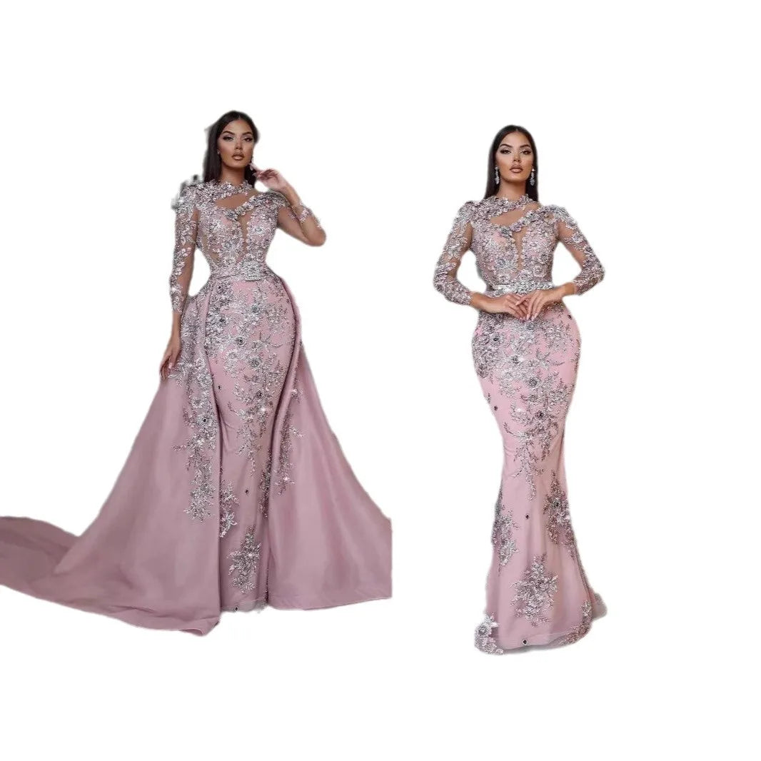 Floor-Length Evening Dress Spaghetti Strap V-neck Mesh Cashmere Diamond New European American Two-Piece Set Detachable Slim-Fit MegaBDM