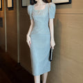 ZYHT 30900 Private Label Women Straight Dress Square Collar Short Sleeve Elegant Formal Dress Jacquard Lady Midi Pencil Dresses