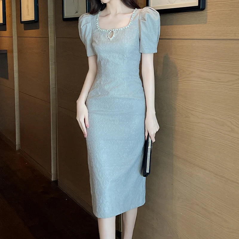 ZYHT 30900 Private Label Women Straight Dress Square Collar Short Sleeve Elegant Formal Dress Jacquard Lady Midi Pencil Dresses