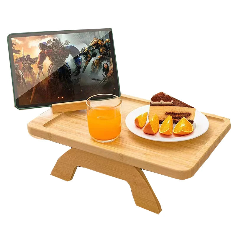 Bamboo Wooden Sofa Armrest Foldable Couch Tray Clip on Side Table with Rotating Phone Holder