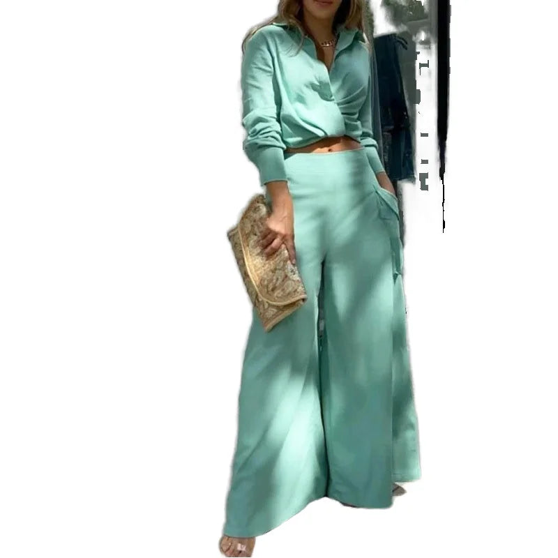 New Autumn Set with Elegant Casual Solid V-neck Loose Pants Fashion Suit