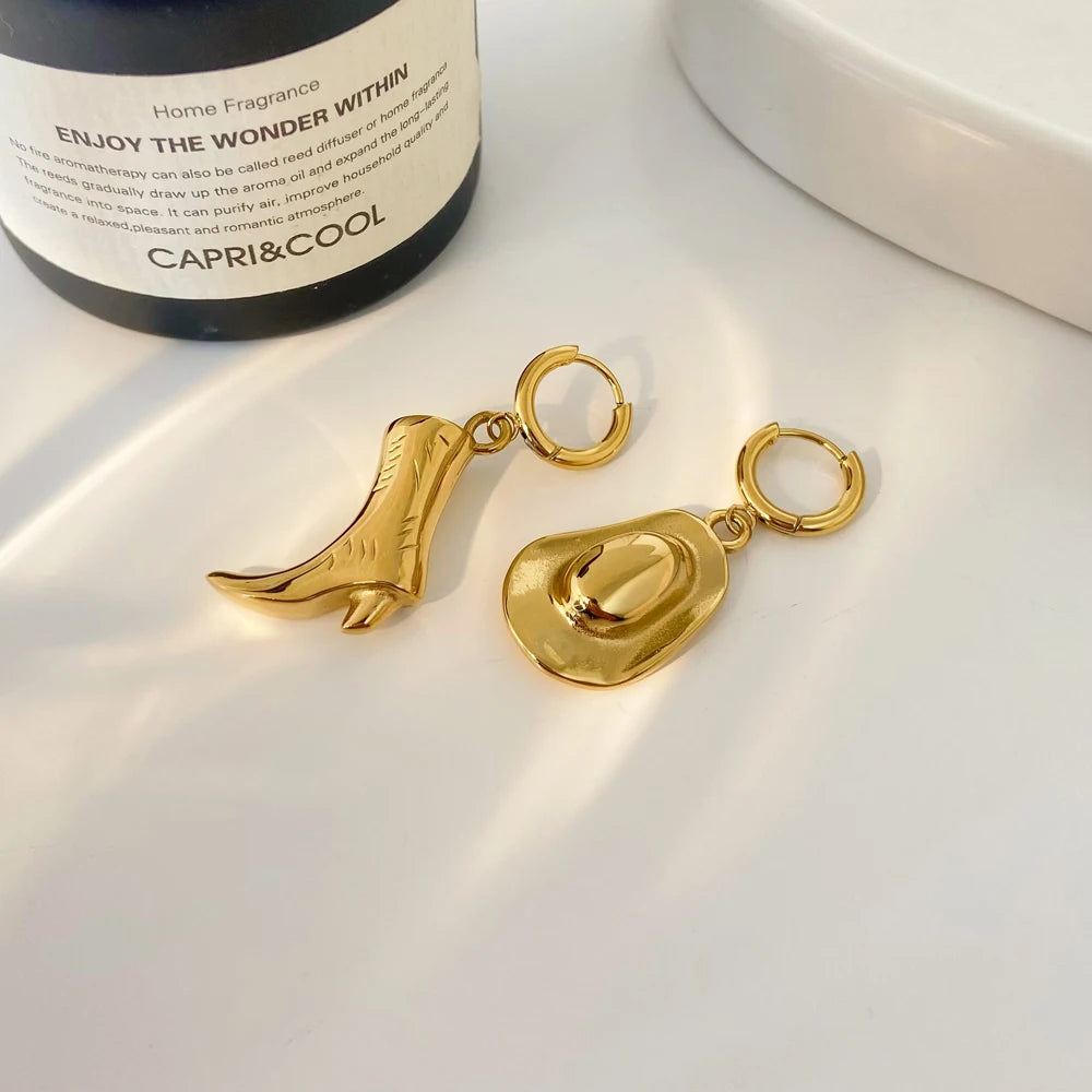 Popular Earrings Stainless Steel Plated 18K Gold Western Cowboy Boots Hat Earrings Joyas De Acero Inoxidable Female