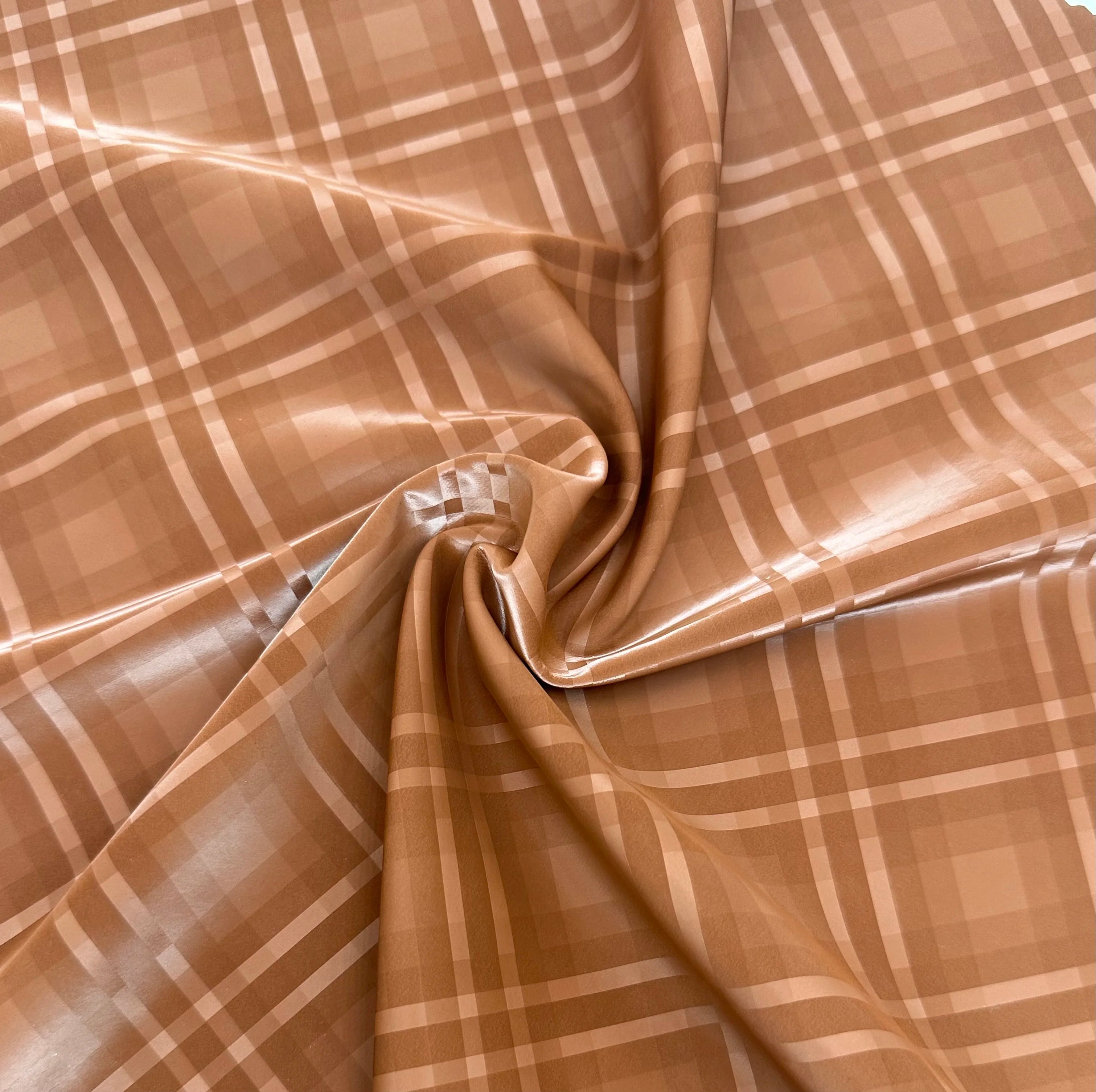 Factory PFAS FREE 4 Way Stretch Brushed Backing Faux Pu Leather Plaid Pattern Faux Leather Fabric for Garment and Skirts